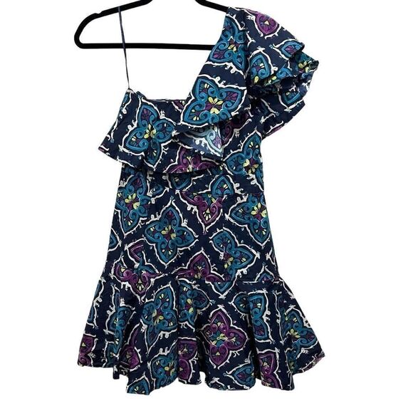 Josie Natori Festive Blue Floral Printed One shoulder ruffle dress Size 6 - Picture 7 of 14